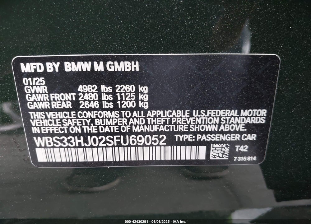 2025 BMW M3 COMPETITION XDRIVE VIN: WBS33HJ02SFU69052