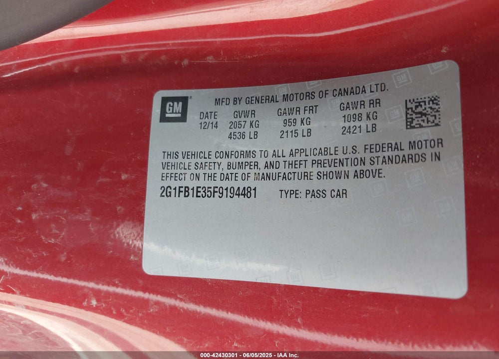 2015 CHEVROLET CAMARO 2LS VIN: 2G1FB1E35F9194481