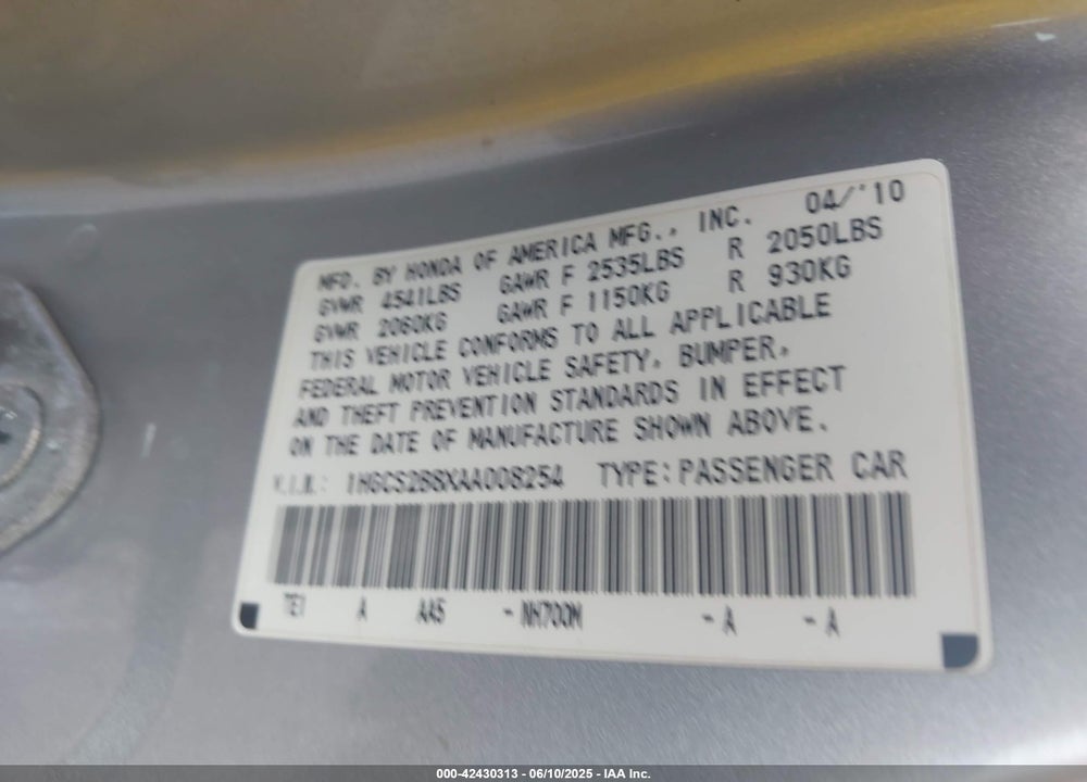 2010 HONDA ACCORD VIN: 1HGCS2B8XAA008254