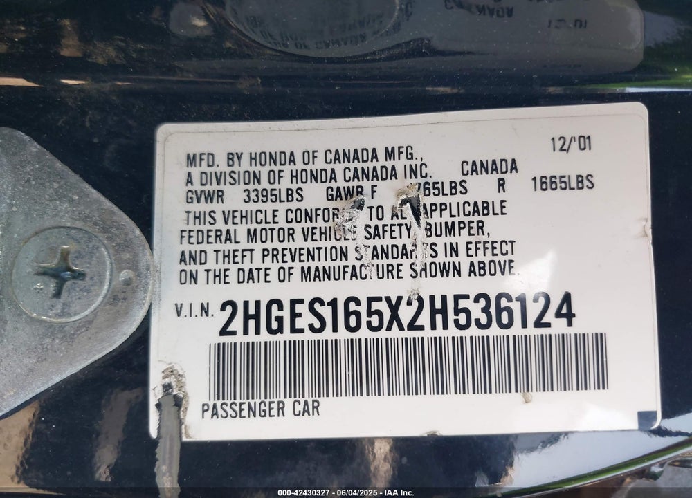 2002 HONDA CIVIC LX VIN: 2HGES165X2H536124