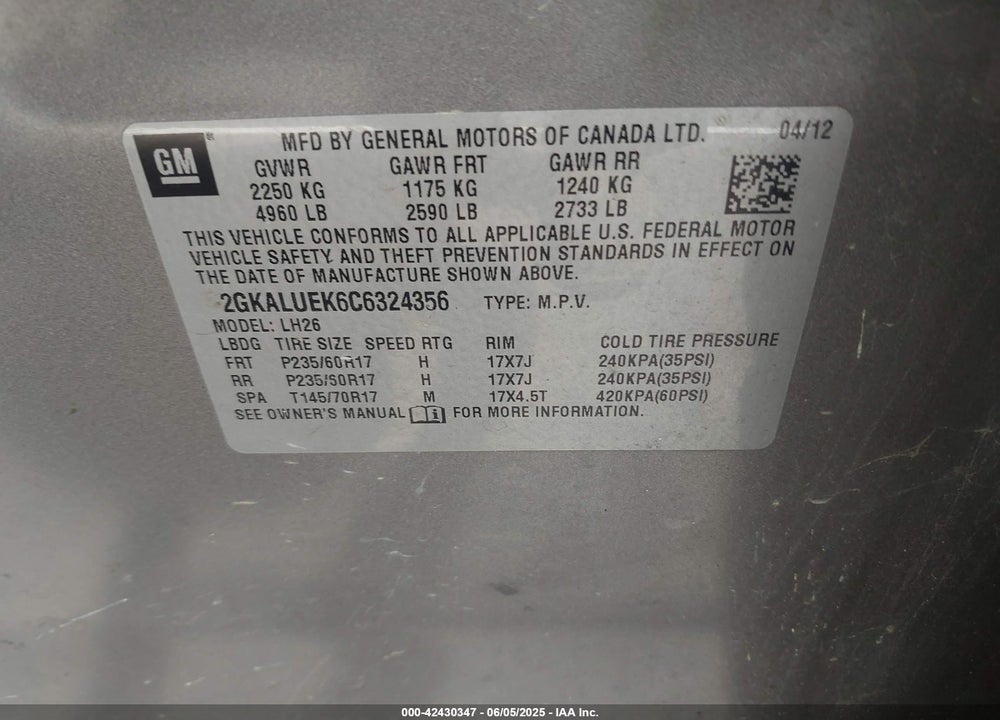 2012 GMC TERRAIN VIN: 2GKALUEK6C6324356