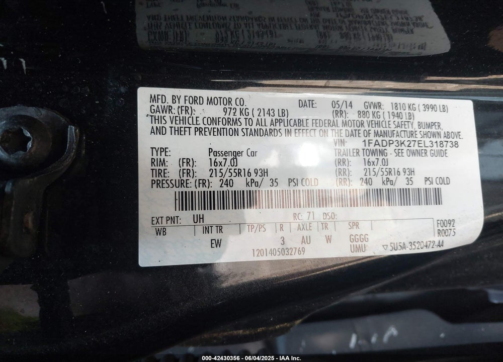 2014 FORD FOCUS VIN: 1FADP3K27EL318738