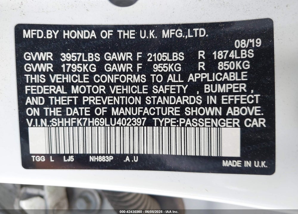2020 HONDA CIVIC VIN: SHHFK7H69LU402397