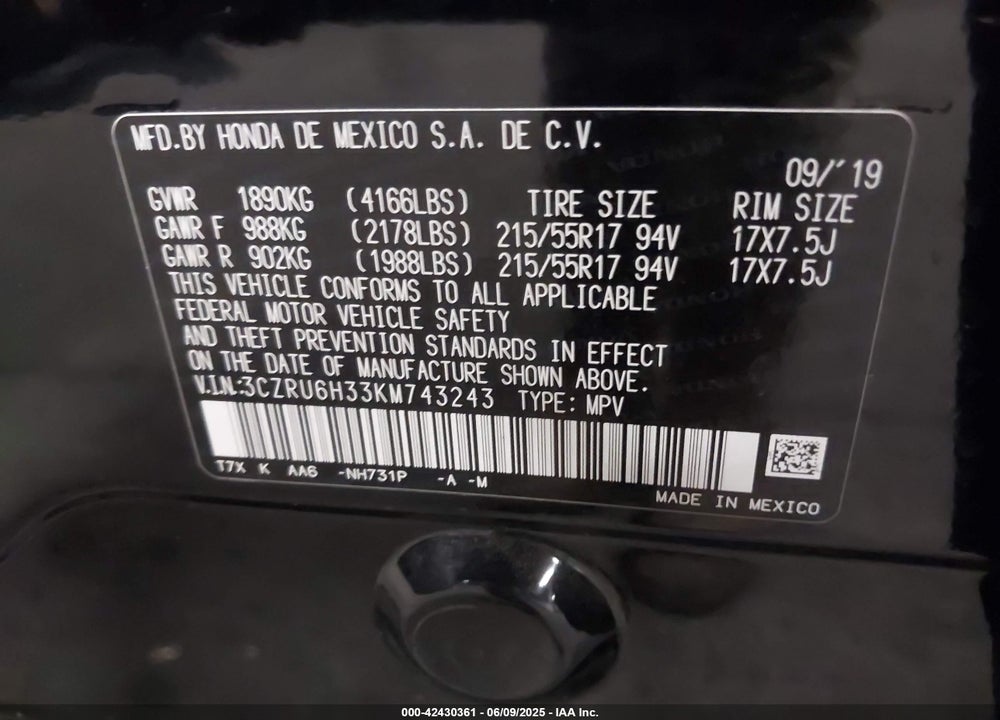 2019 HONDA HR-V VIN: 3CZRU6H33KM743243