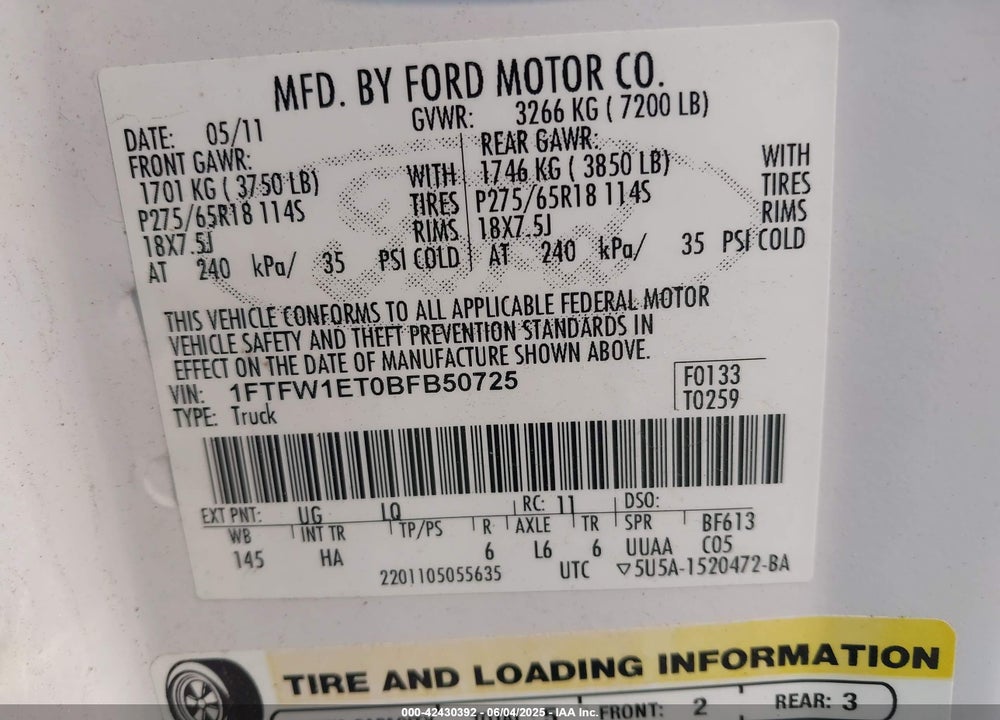 2011 FORD F-150 LARIAT VIN: 1FTFW1ET0BFB50725