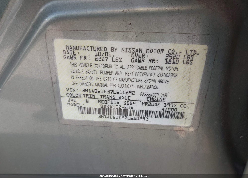 2007 NISSAN SENTRA VIN: 3N1AB61E37L610292