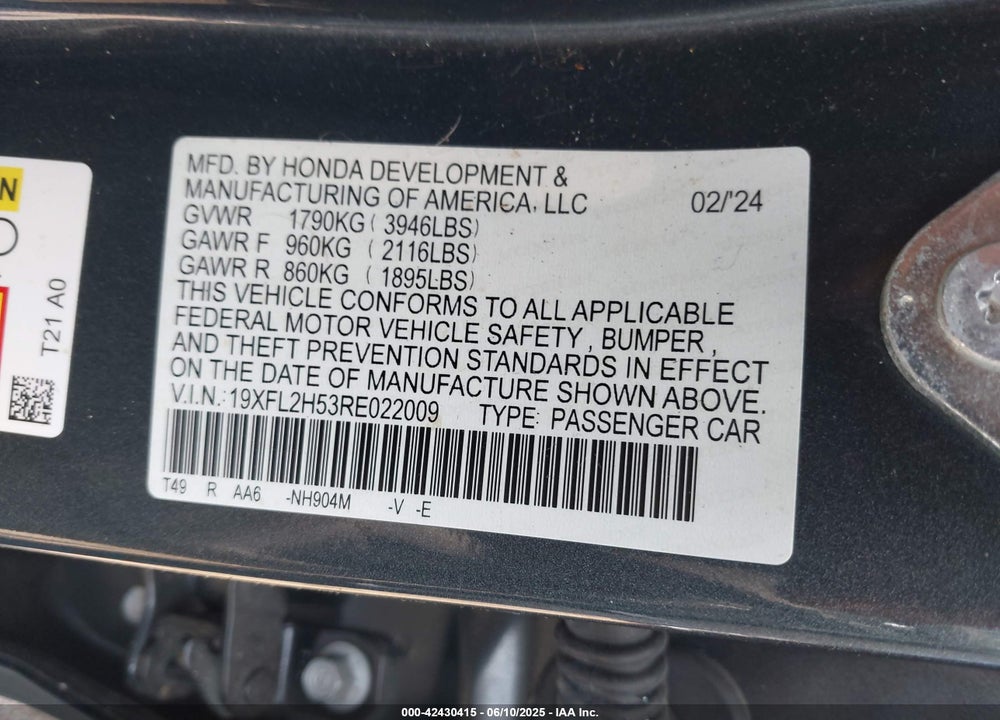 2024 HONDA CIVIC VIN: 19XFL2H53RE022009