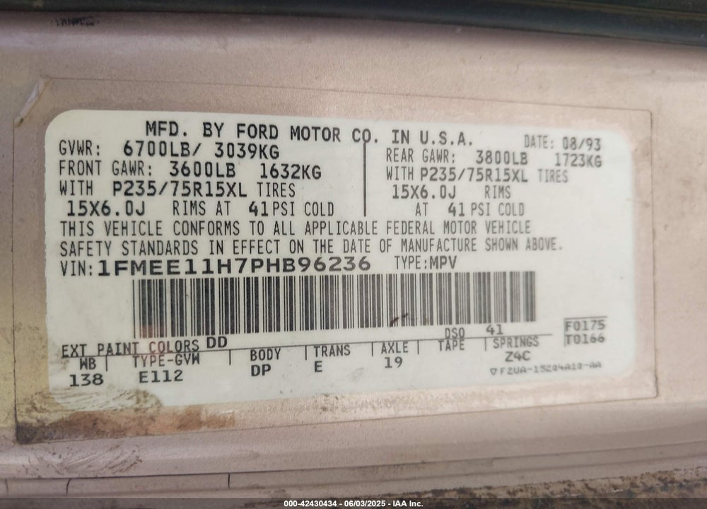 1993 FORD ECONOLINE E150 VIN: 1FMEE11H7PHB96236