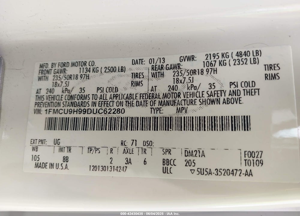 2013 FORD ESCAPE SEL VIN: 1FMCU9H99DUC62280