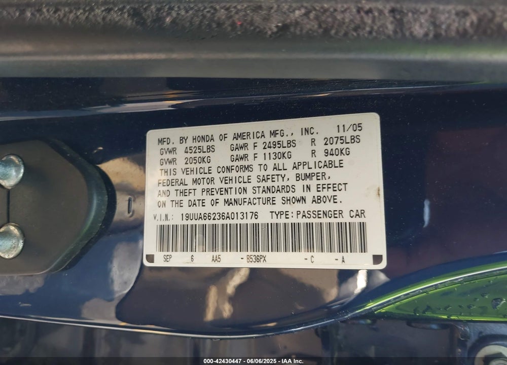 2006 ACURA TL VIN: 19UUA66236A013176
