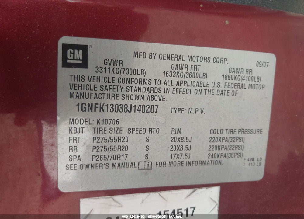 2008 CHEVROLET TAHOE VIN: 1GNFK13038J140207
