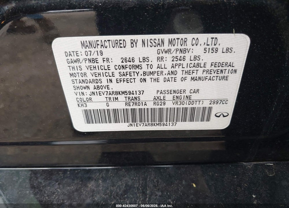 2019 INFINITI Q50 VIN: JN1EV7AR8KM594137