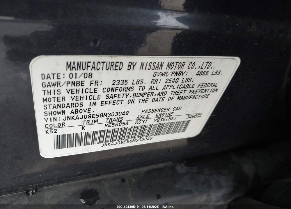 2008 INFINITI EX35 JOURNEY VIN: JNKAJ09E58M303049