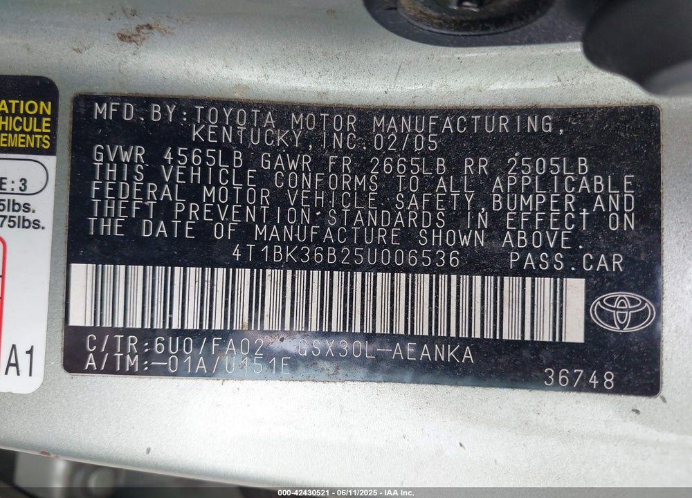 2005 TOYOTA AVALON XL VIN: 4T1BK36B25U006536