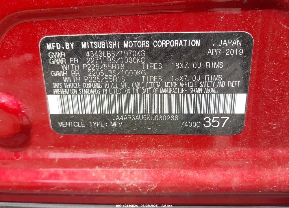 2019 MITSUBISHI OUTLANDER SPORT VIN: JA4AR3AU5KU030288