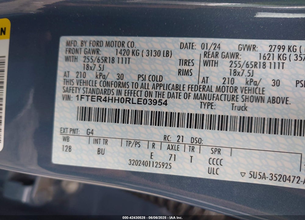 2024 FORD RANGER VIN: 1FTER4HH0RLE03954