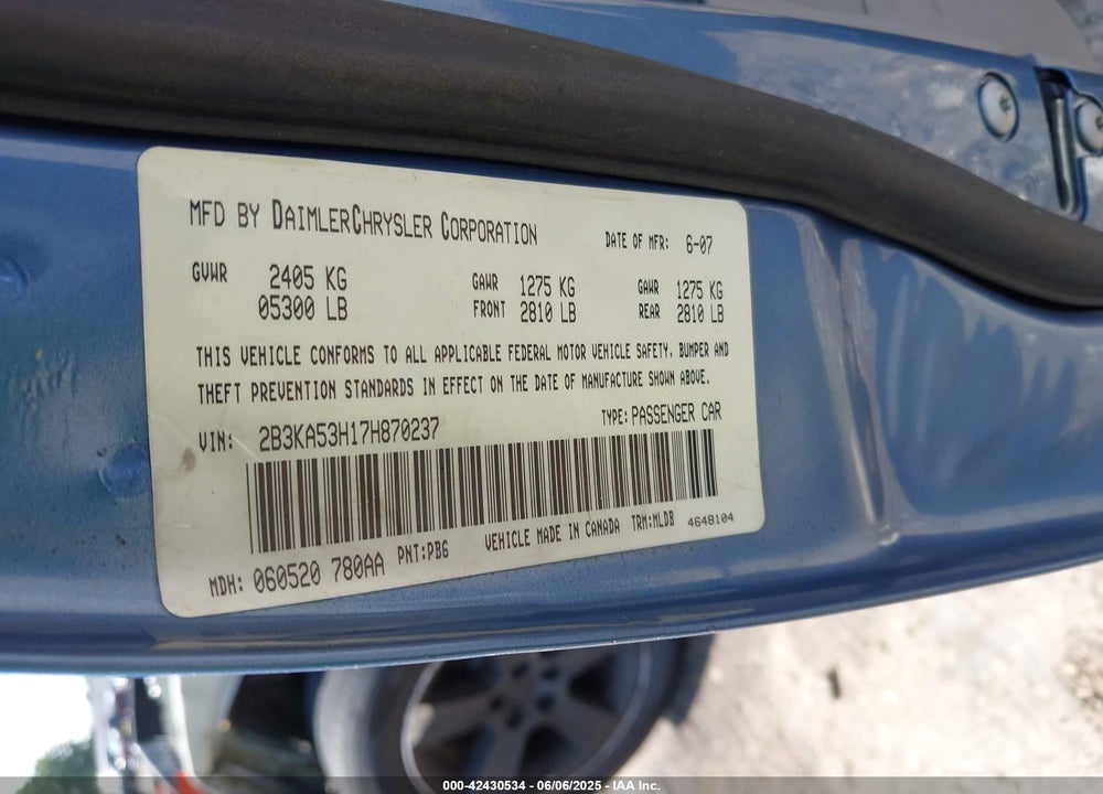 2007 DODGE CHARGER VIN: 2B3KA53H17H870237