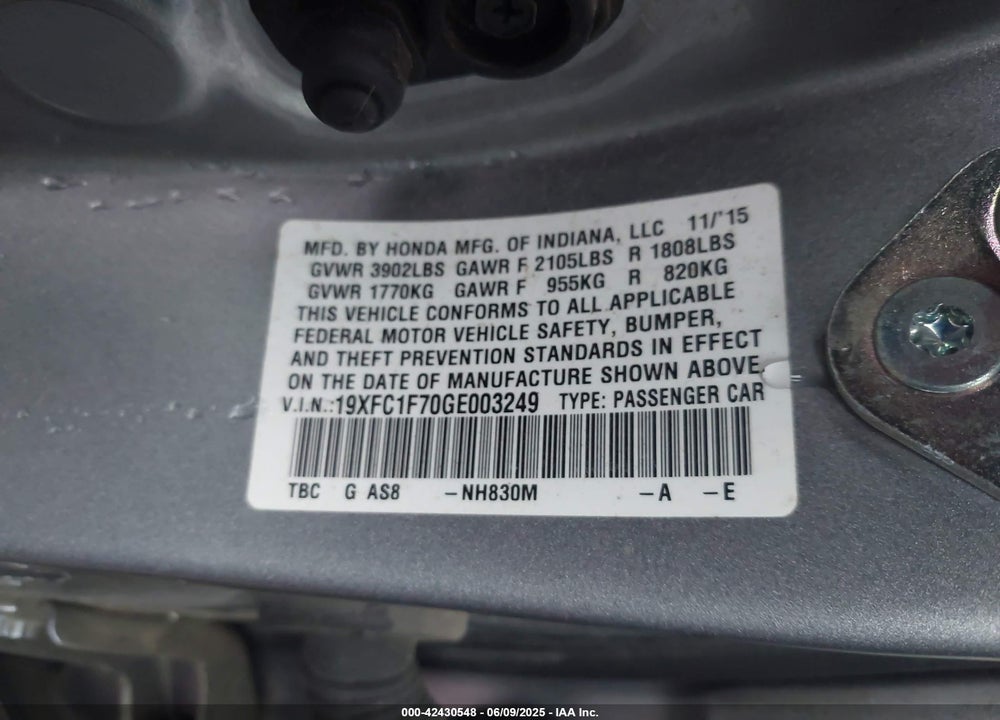 2016 HONDA CIVIC EX-L VIN: 19XFC1F70GE003249
