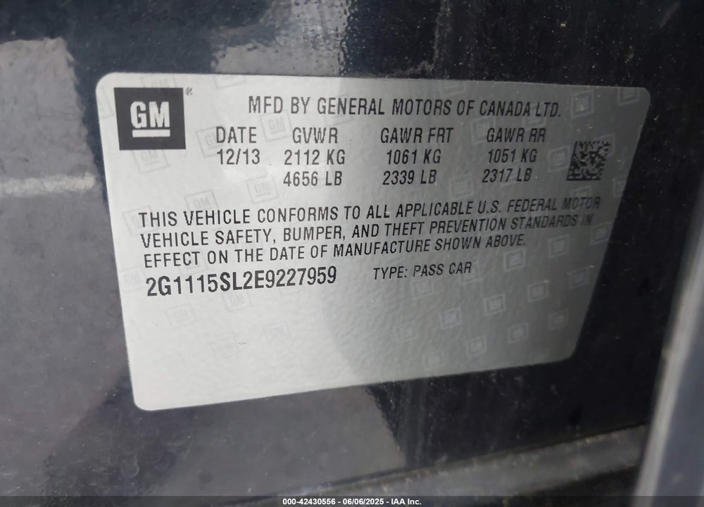 2014 CHEVROLET IMPALA VIN: 2G1115SL2E9227959