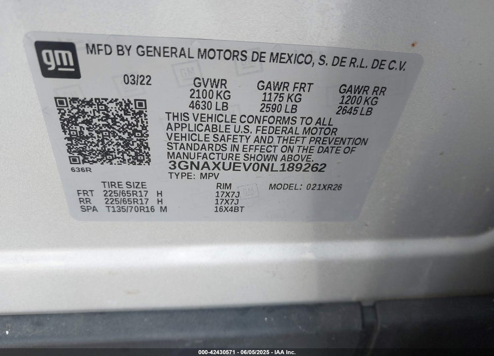 2022 CHEVROLET EQUINOX VIN: 3GNAXUEV0NL189262