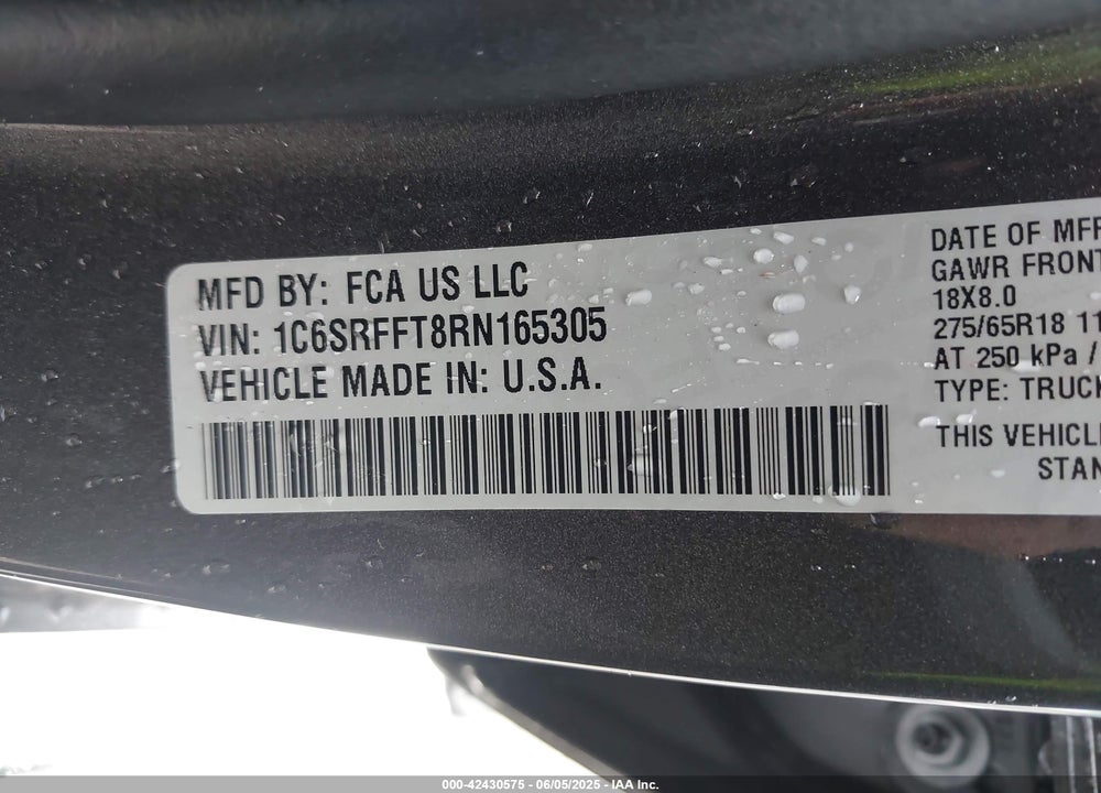 2024 RAM 1500 VIN: 1C6SRFFT8RN165305