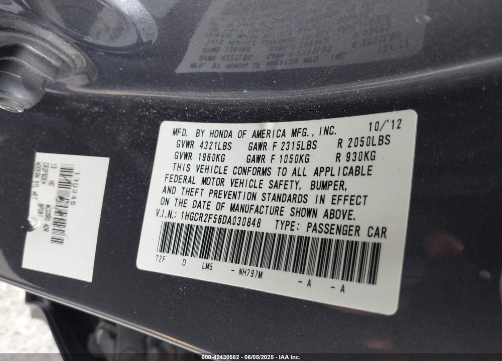 2013 HONDA ACCORD SPORT VIN: 1HGCR2F56DA030848