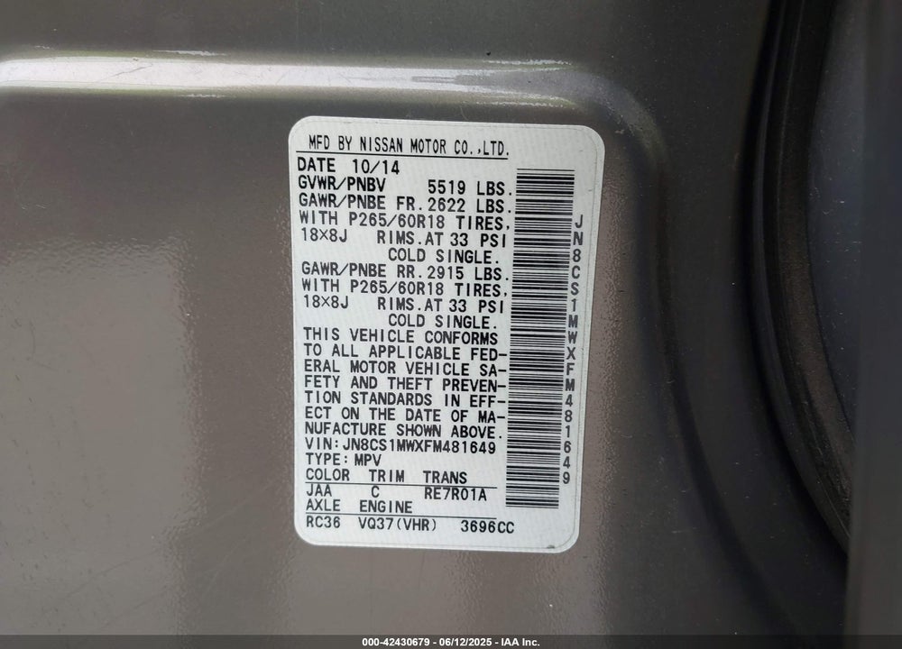 2015 INFINITI QX70 VIN: JN8CS1MWXFM481649