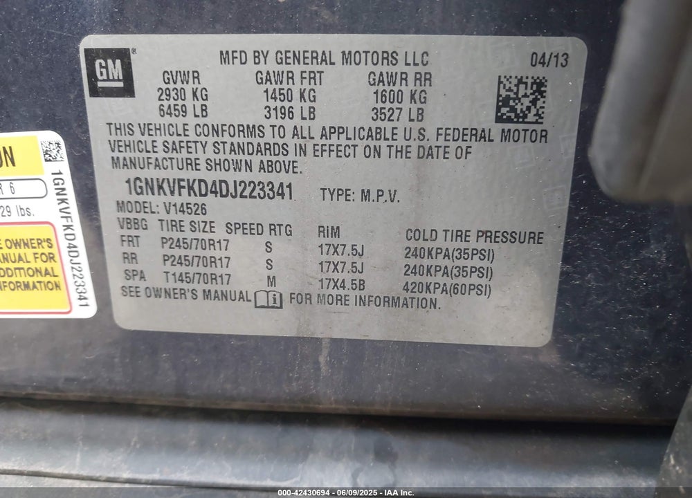 2013 CHEVROLET TRAVERSE VIN: 1GNKVFKD4DJ223341
