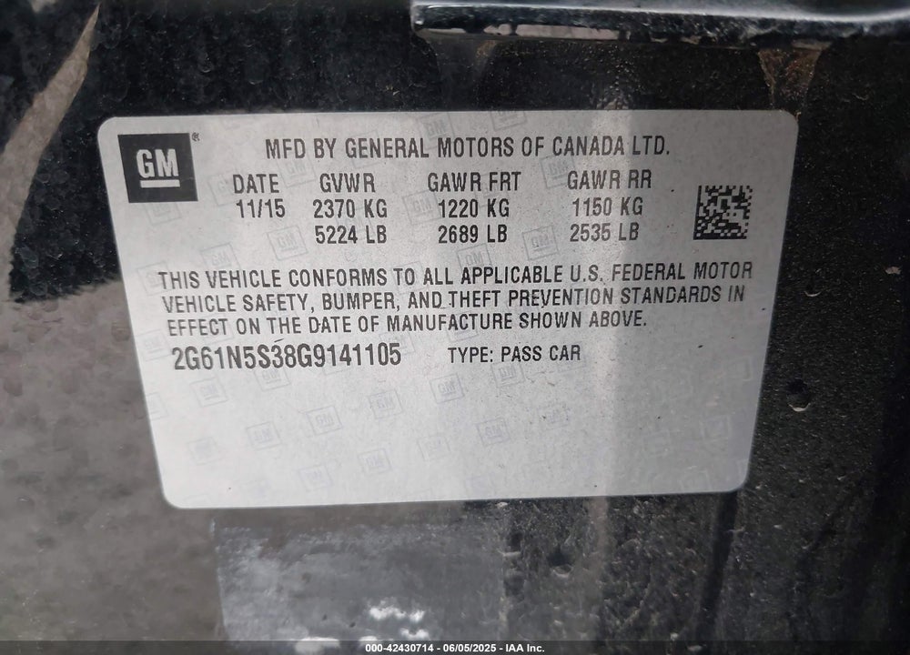 2016 CADILLAC XTS LUXURY COLLECTION VIN: 2G61N5S38G9141105