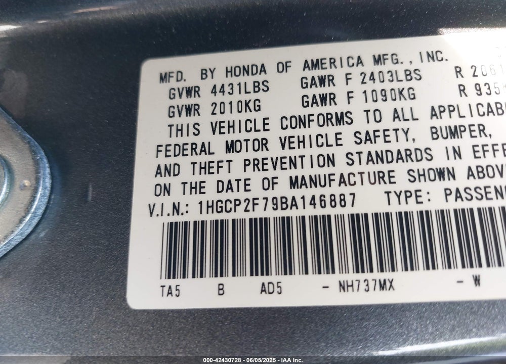 2011 HONDA ACCORD VIN: 1HGCP2F79BA146887