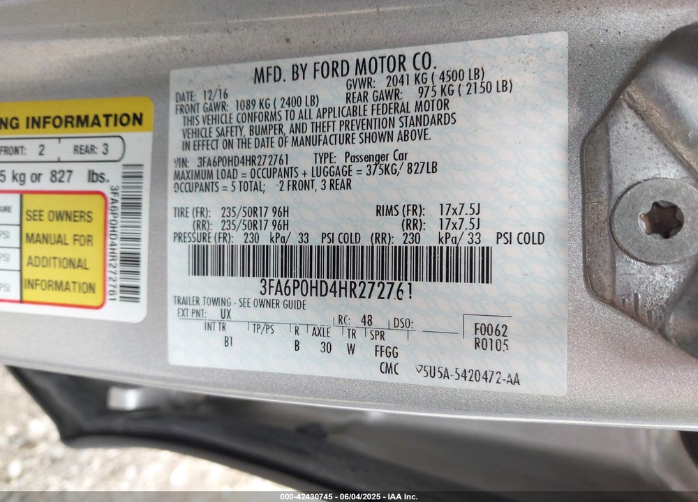 2017 FORD FUSION VIN: 3FA6P0HD4HR272761