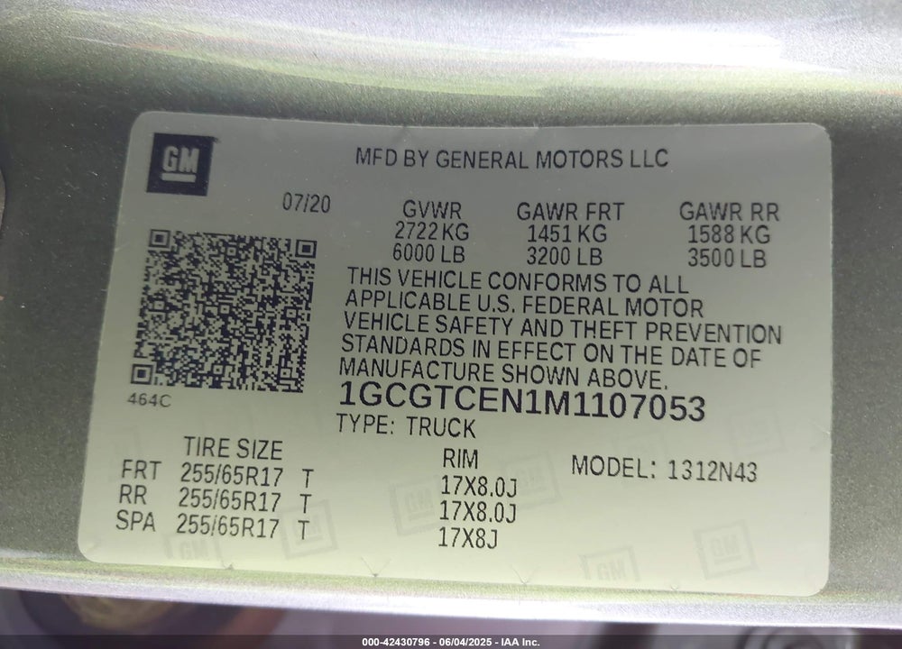 2021 CHEVROLET COLORADO VIN: 1GCGTCEN1M1107053
