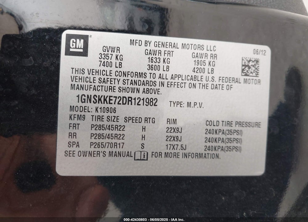 2013 CHEVROLET SUBURBAN 1500 VIN: 1GNSKKE72DR121982