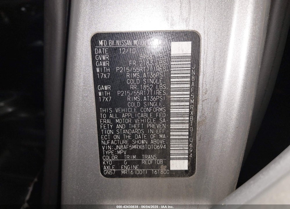 2011 NISSAN JUKE SL VIN: JN8AF5MRXBT010694