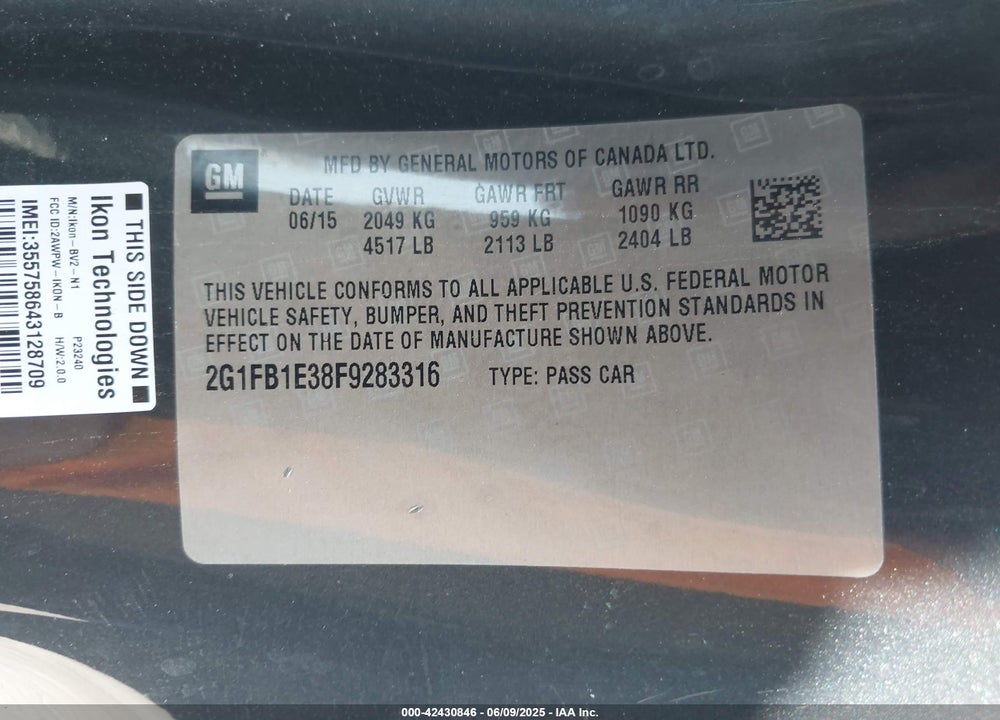 2015 CHEVROLET CAMARO VIN: 2G1FB1E38F9283316