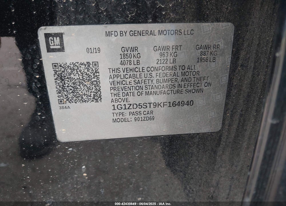 2019 CHEVROLET MALIBU VIN: 1G1ZD5ST9KF164940