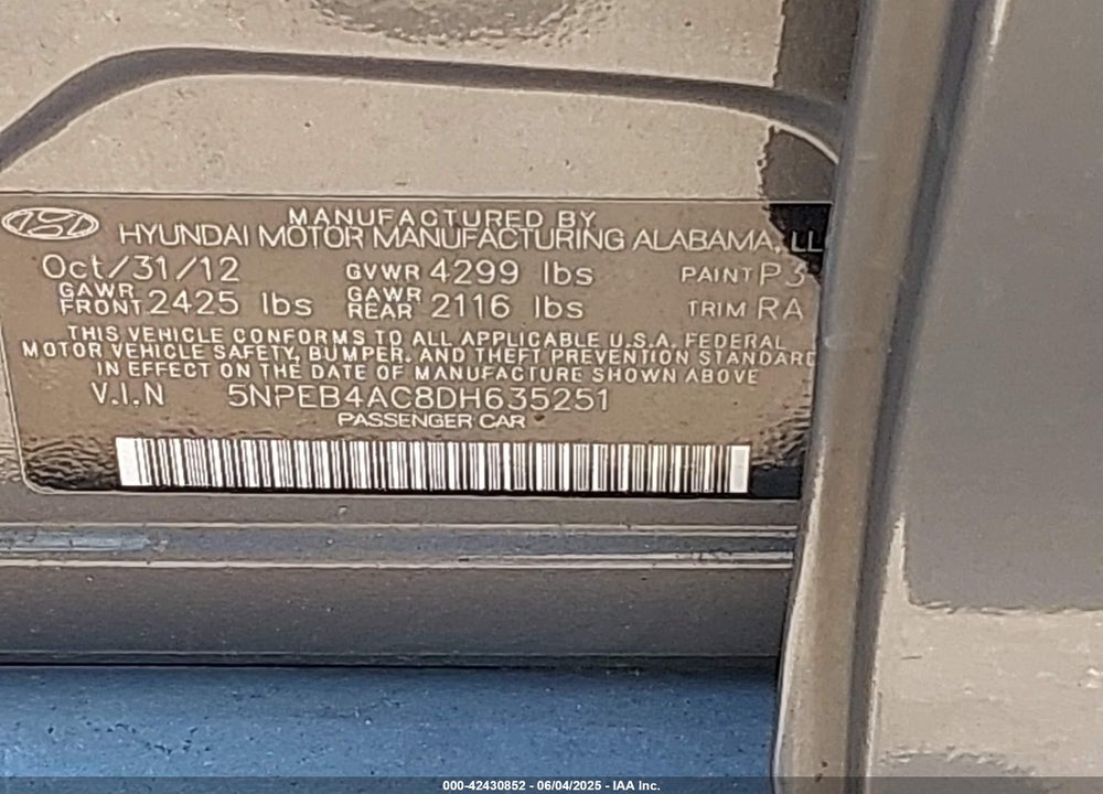 2013 HYUNDAI SONATA VIN: 5NPEB4AC8DH635251