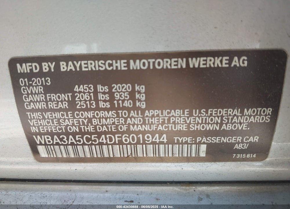 2013 BMW 328 VIN: WBA3A5C54DF601944