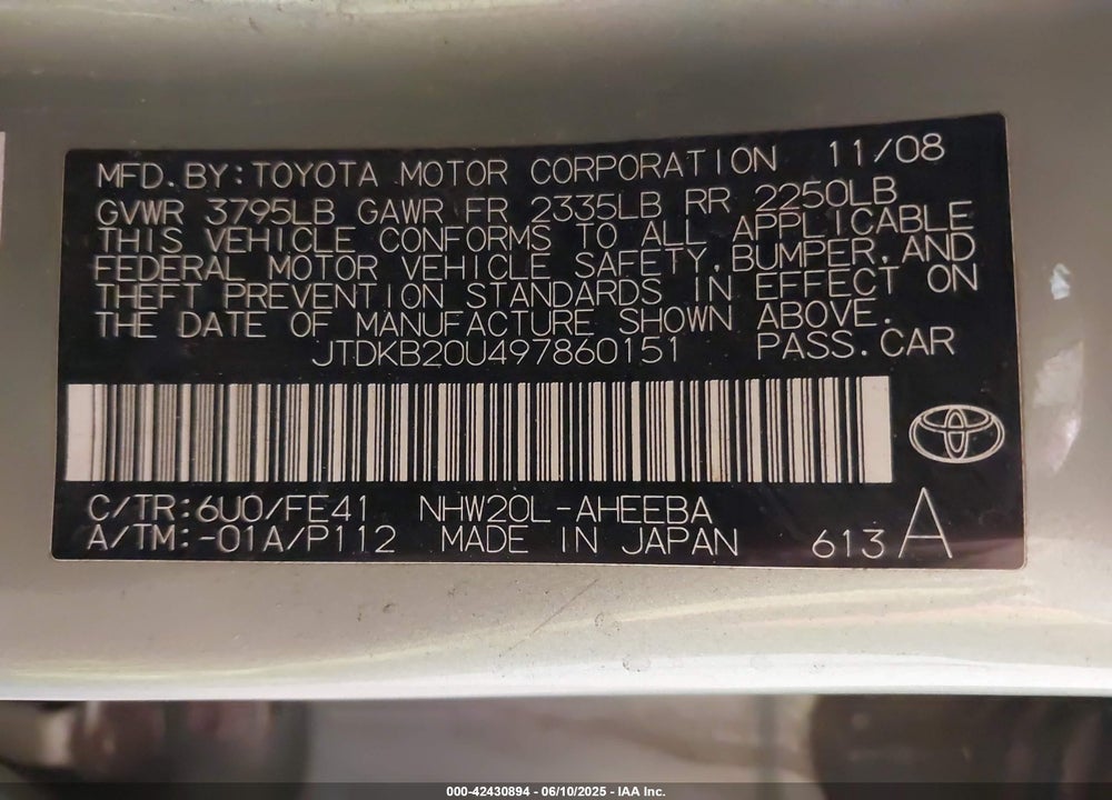2009 TOYOTA PRIUS VIN: JTDKB20U497860151