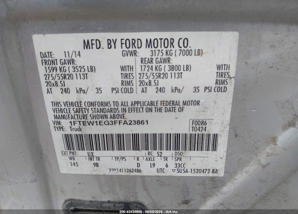 2015 FORD F-150 PLATINUM VIN: 1FTEW1EG3FFA23861