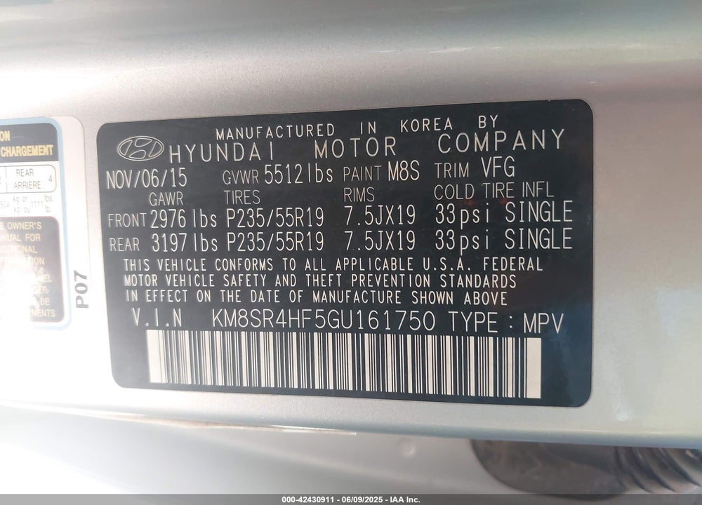 2016 HYUNDAI SANTA FE VIN: KM8SR4HF5GU161750