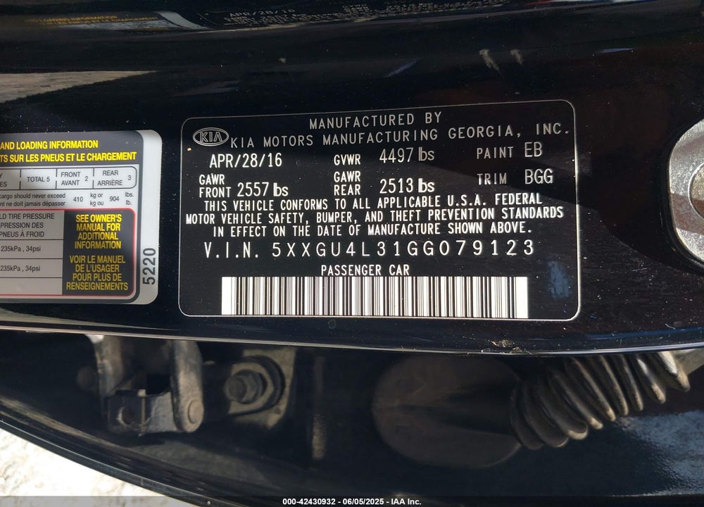 2016 KIA OPTIMA VIN: 5XXGU4L31GG079123