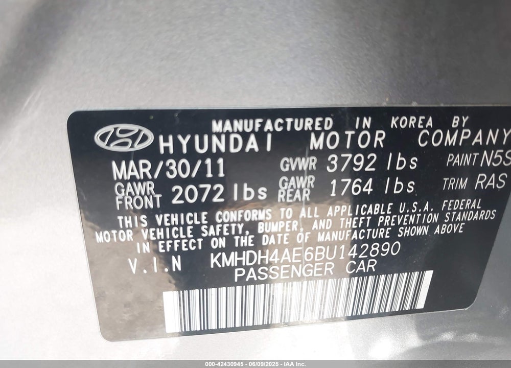 2011 HYUNDAI ELANTRA VIN: KMHDH4AE6BU142890