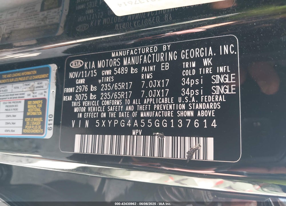 2016 KIA SORENTO VIN: 5XYPG4A55GG137614