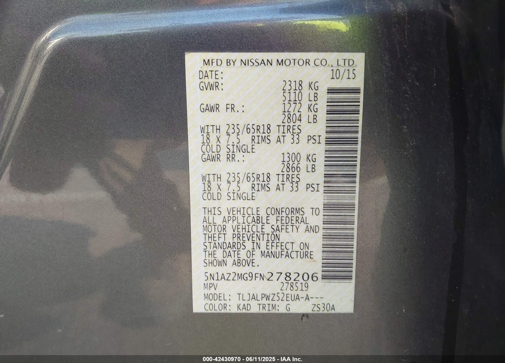 2015 NISSAN MURANO VIN: 5N1AZ2MG9FN278206