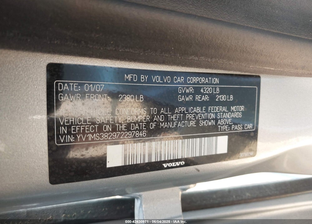 2007 VOLVO S40 2.4I VIN: YV1MS382972297846