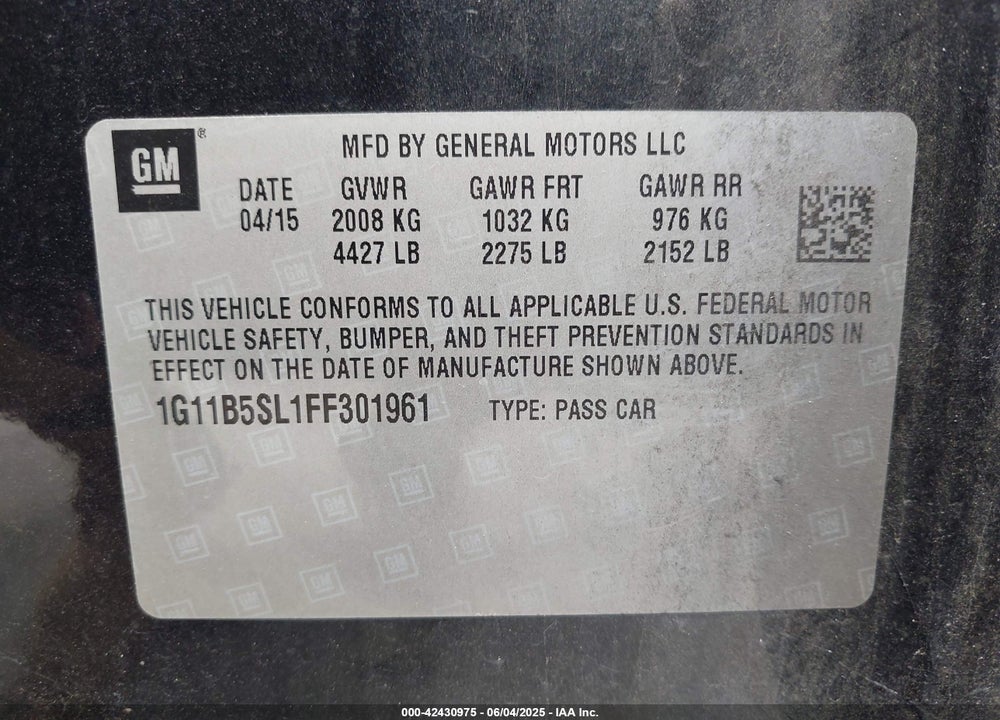 2015 CHEVROLET MALIBU VIN: 1G11B5SL1FF301961