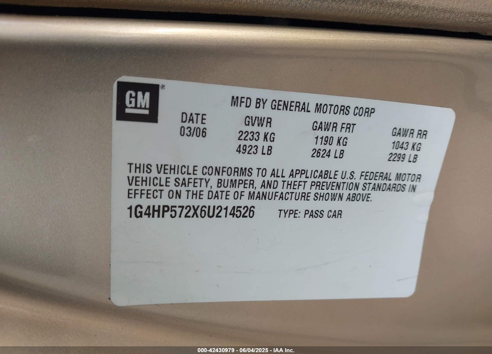 2006 BUICK LUCERNE VIN: 1G4HP572X6U214526