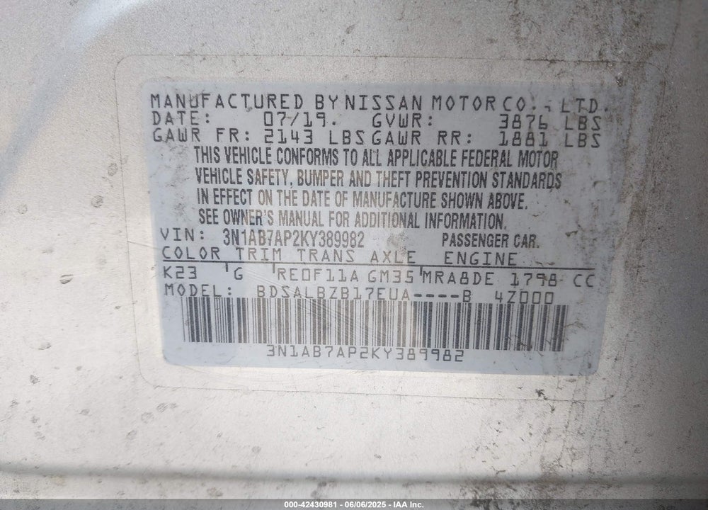 2019 NISSAN SENTRA VIN: 3N1AB7AP2KY389982