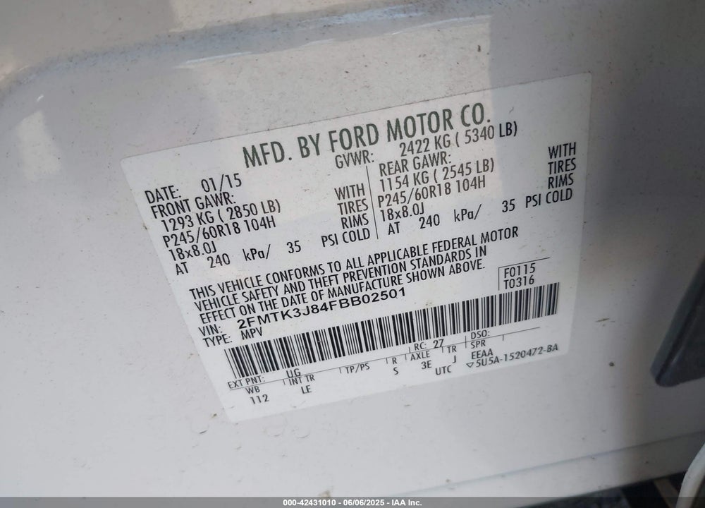 2015 FORD EDGE VIN: 2FMTK3J84FBB02501